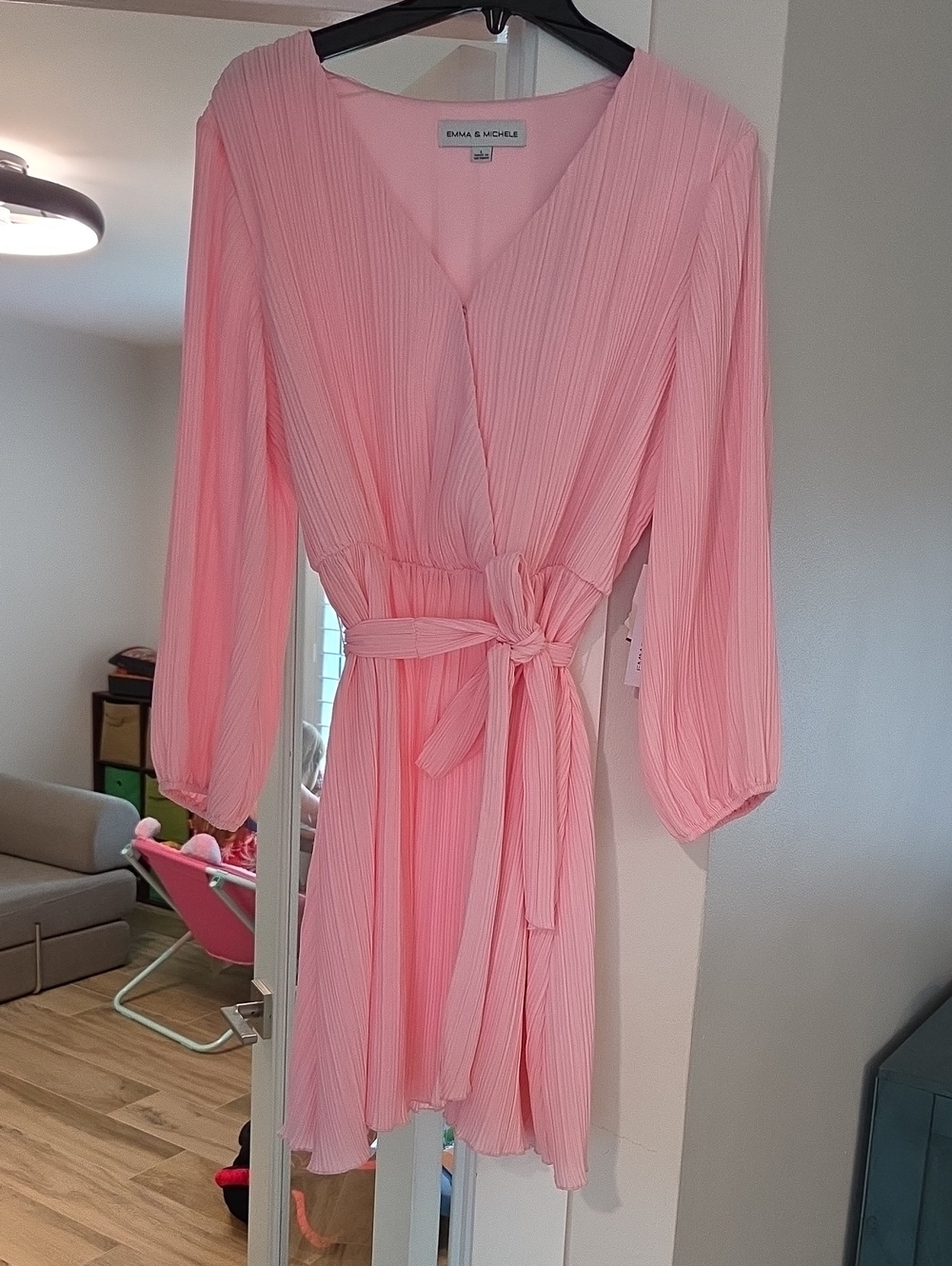 Emma & Michele Soft Pink Pleated Wrap Dress with Tie Waist